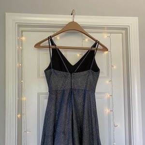 navy glitter knee length hoco dress